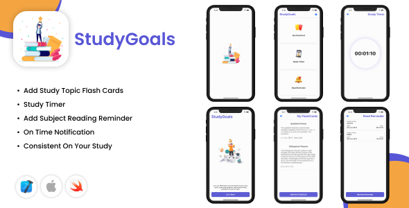 StudyGoals - iOS App - Reading Reminder - Study Timer - Study Flash Cards