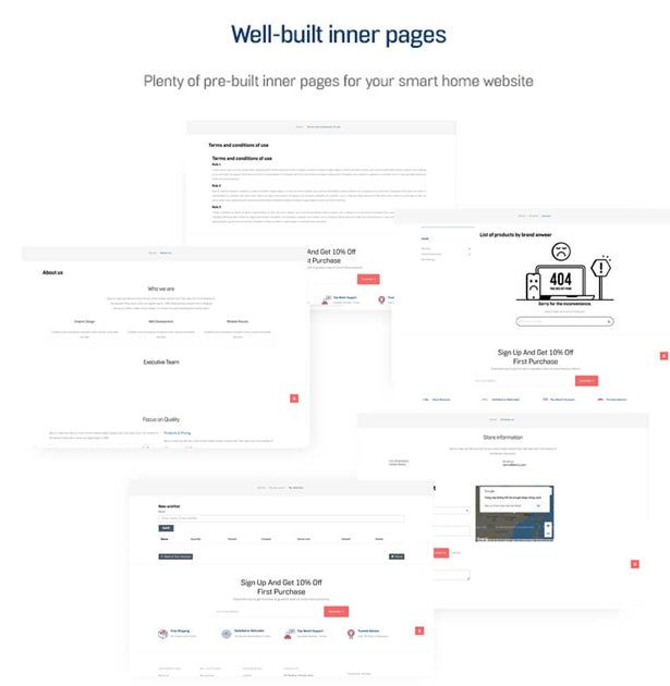 Well-built inner pages Plenty of pre-built inner pages for your smart home website