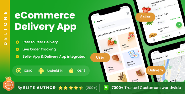 6 App Template | eCommerce Food Grocery Delivery App| Peer to Peer Delivery  | Courier App | DeliOne