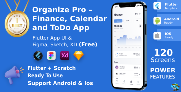 Finance, Calendar & ToDo App | Flutter | Figma + XD + Sketch FREE | Life Time Update | ORGANIZE PRO