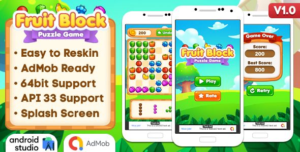 Fruit Block - Puzzle Game Android Studio Project with AdMob Ads + Ready to Publish