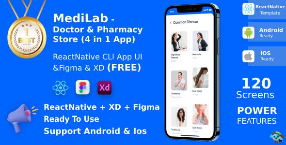 Doctor & Pharmacy App | ReactNative CLI | Figma + XD FREE | Life Time Update | MediLab