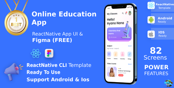 Onilne E-Education App | ReactNative CLI Template | Figma FREE | Life Time Update | E-Learning