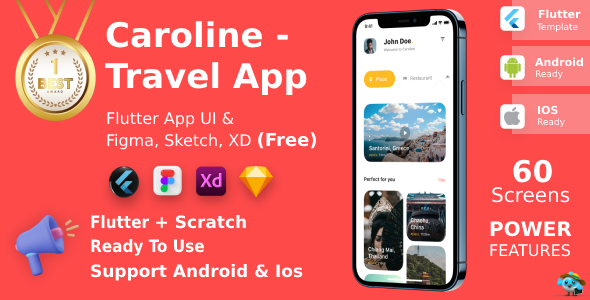 Travel App | Flutter | Figma + XD + Sketch FREE | Life Time Update | Caroline