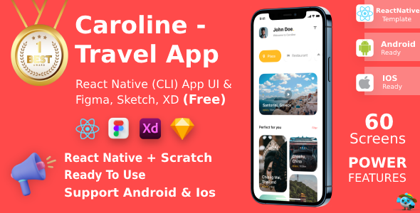 Travel App | ReactNative CLI | Figma + XD + Sketch FREE | Life Time Update | Caroline