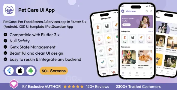 PetCare: Pet Food Stores & Services app in Flutter 3.x (Android, iOS) UI template | PetGuardian App