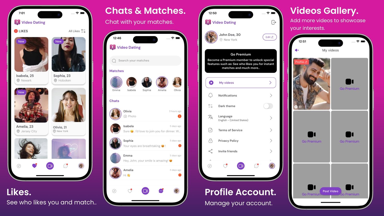Likes, Chats & Matches, Profile Account and Videos Gallery screens