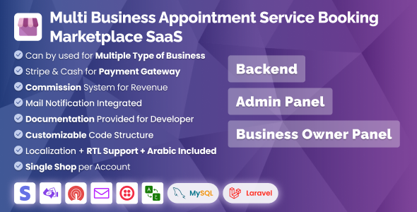 Multi Business Appointment Booking Marketplace SaaS System Backend Admin Panel Owner Panel PHP