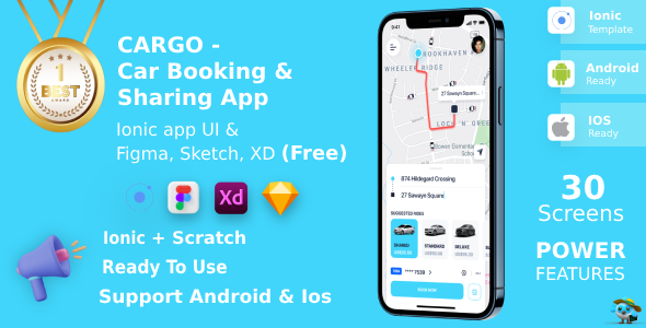 Car Booking & Sharing App ANDROID + IOS + FIGMA | UI Kit | Ionic | Cargo | Life Time Update