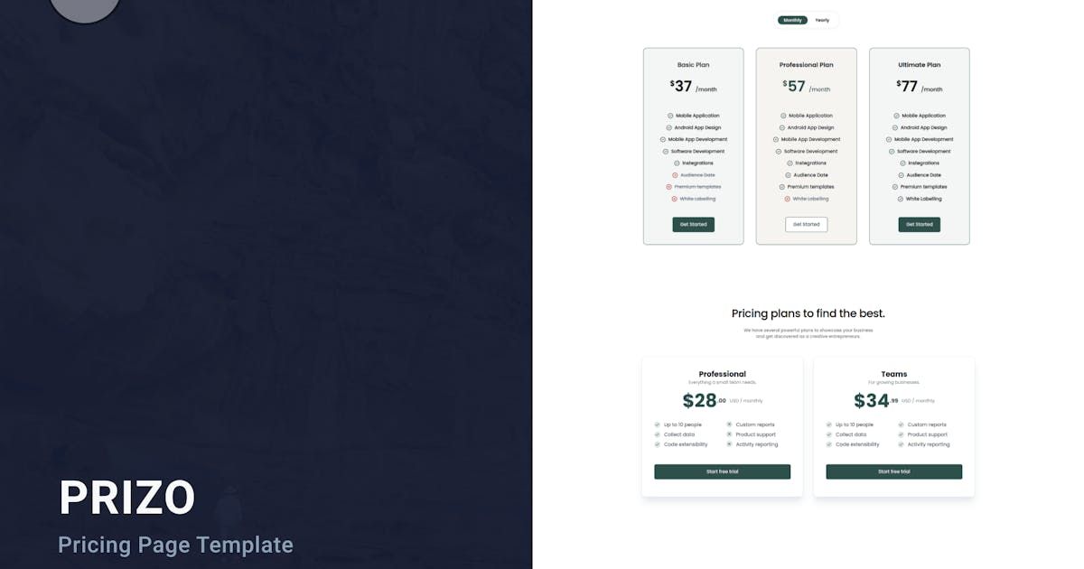 Prizo - Pricing Table Tailwind CSS 3 HTML Template