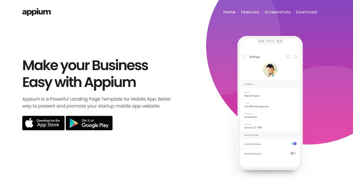Appium | App Landing Page Template
