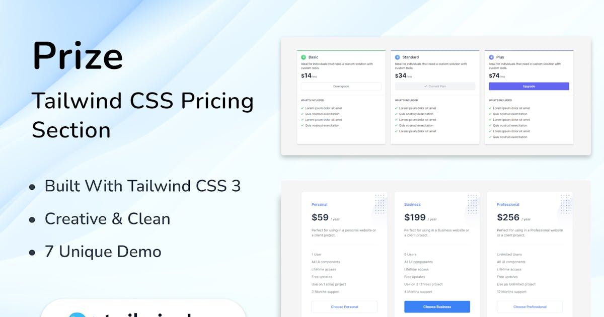 New Creative Tailwind CSS Pricing Sections - Prize