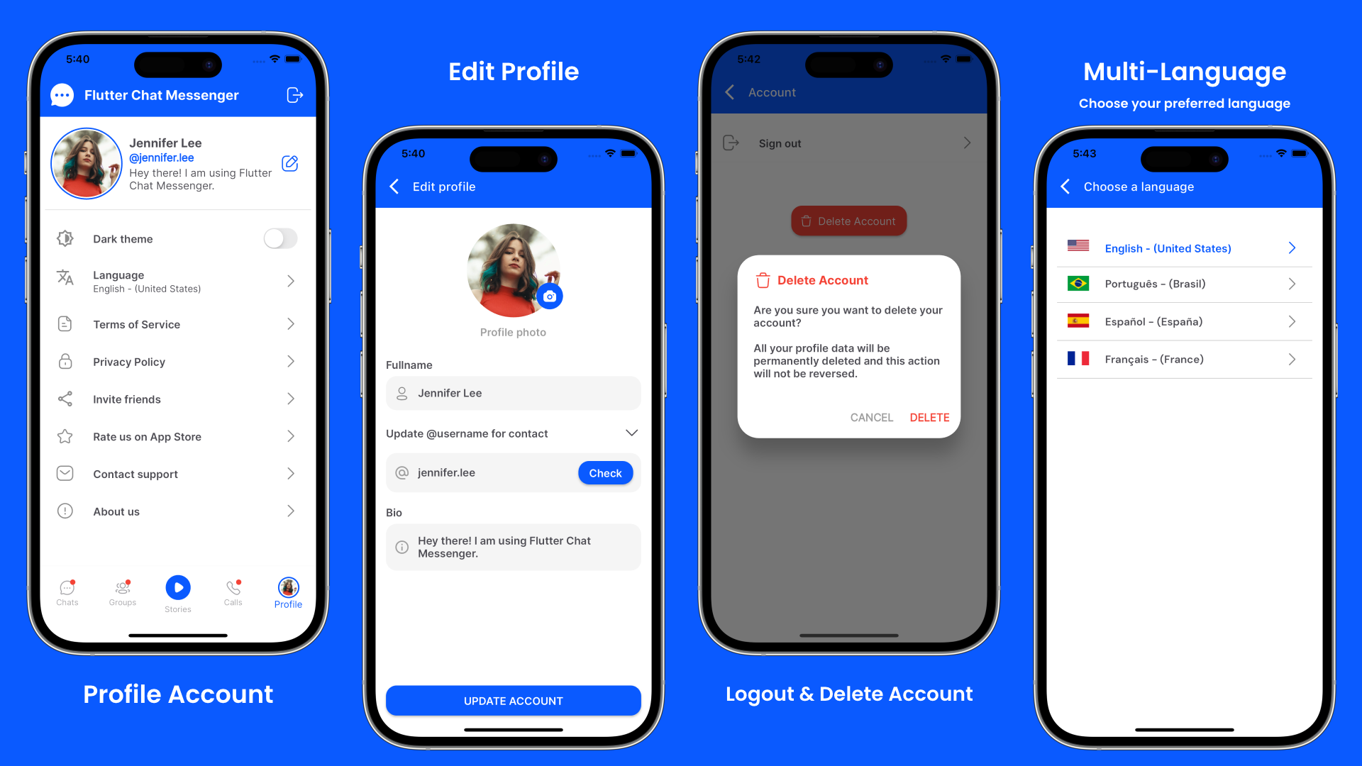 Profile Account, Edit Profile, Logout-Delete Account and Multi-Language features