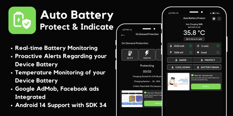 Auto Battery Protect Indicate AdMob Ads Android by MJAppsStudio