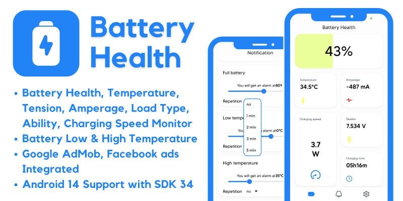 Battery Health Alarms Tools with AdMob Ads Android by MJAppsStudio