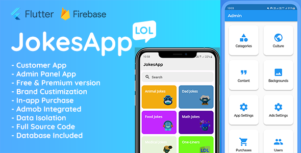 Jokes App - Mobile Flutter Application, Customer App and Admin Panel App image