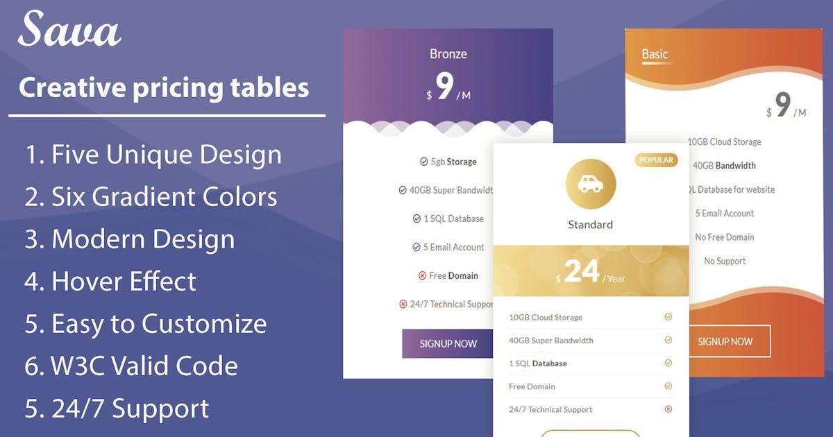 Sava - HTML Pricing Tables and Plans