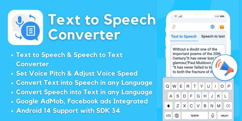 Text to Speech Converter with AdMob Ads Android by MJAppsStudio