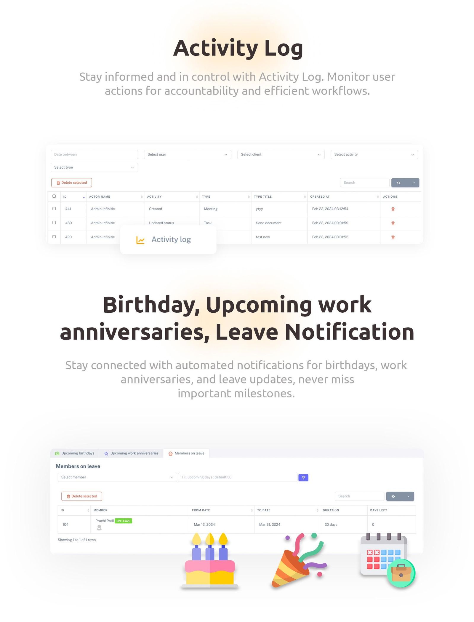 Activity Log & Birthday, Work Anniversaries and Leaves - Admin panel - Taskify SaaS - Project Management, Task Management & Productivity Tool