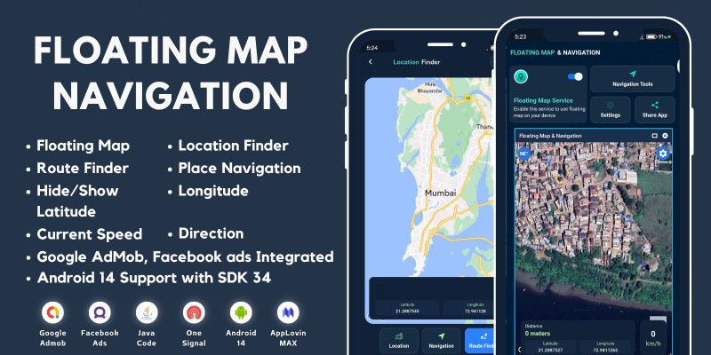 Floating Map Navigation with AdMob Ads Android by MJAppsStudio