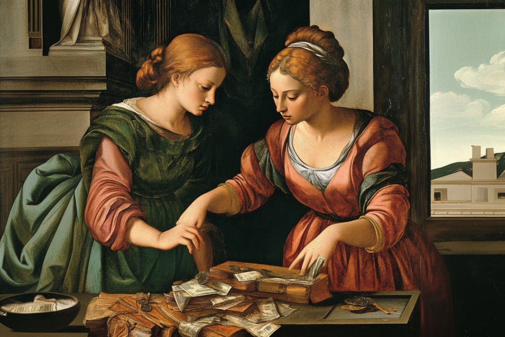 renaissance painting, two women counting money