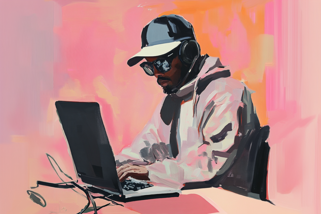 man sitting by a laptop, painting style