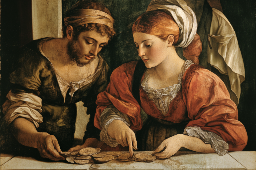 renaissance painting, people counting coins