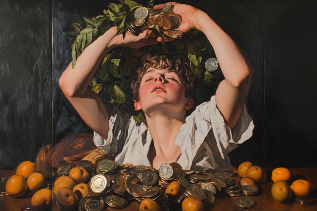 renaissance painting, boy pouring coins on his face from a vase