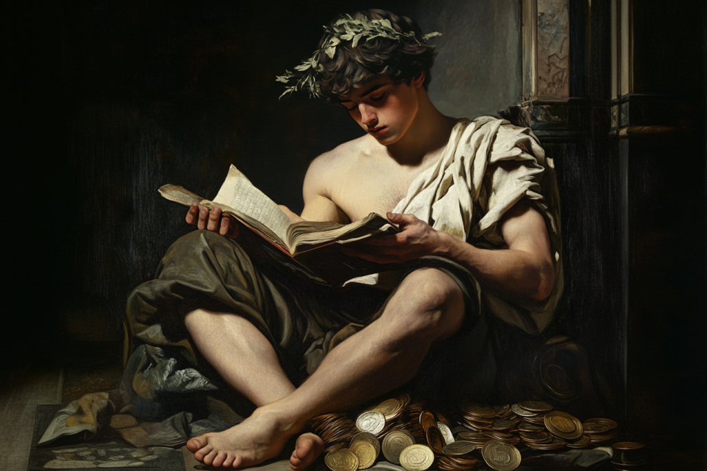 renaissance painting, young man reads a book  