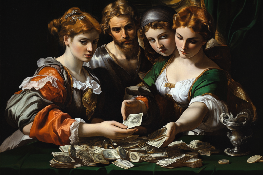 renaissance painting, people counting money