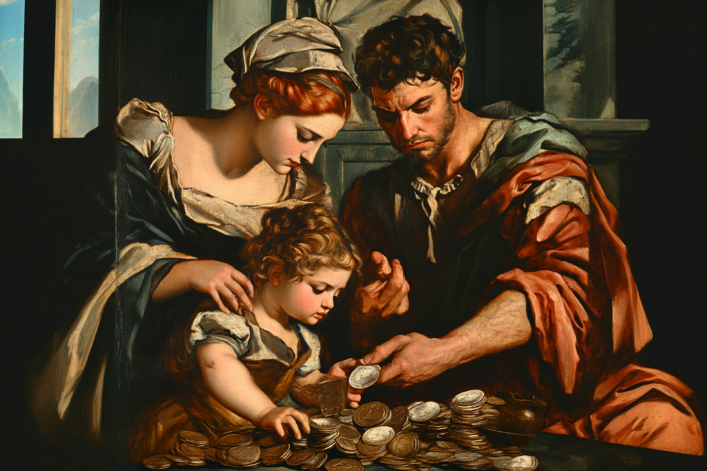 renaissance painting, family counts money