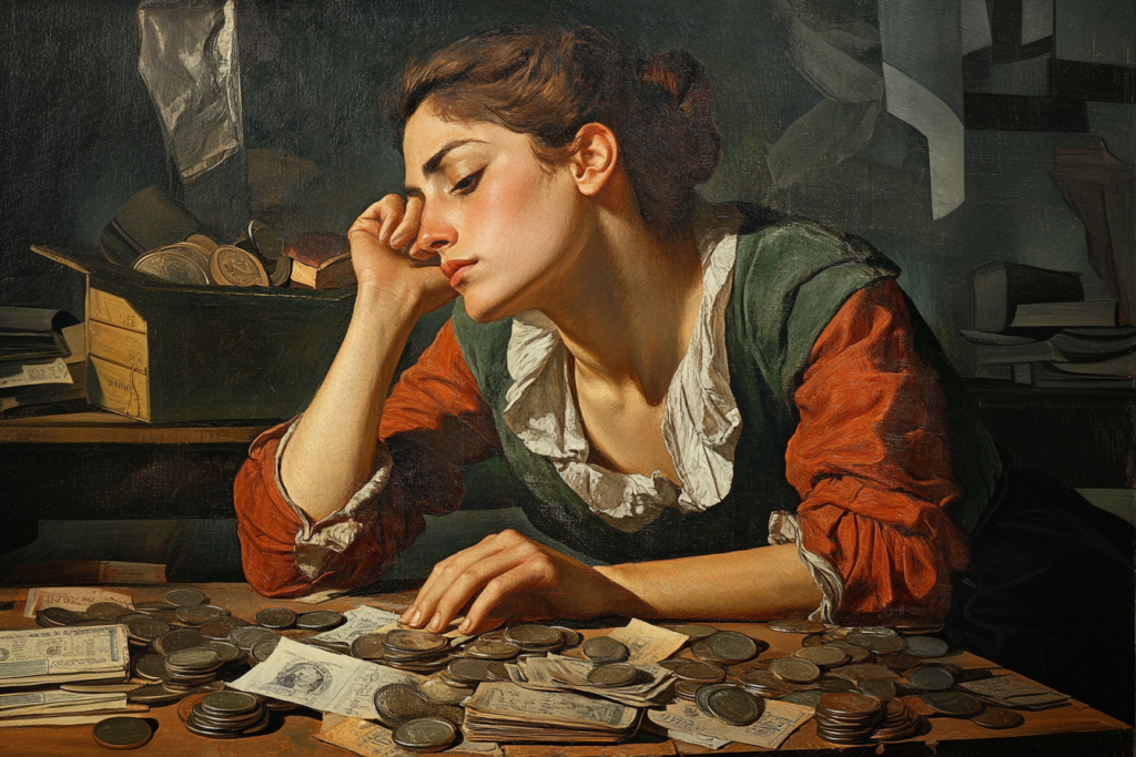 renaissance painting, young woman looks tired thinking of finances 