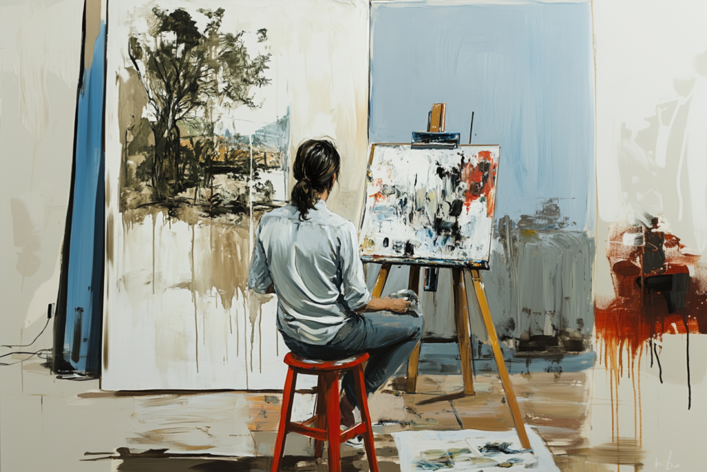 woman standing by her painting on a canvas