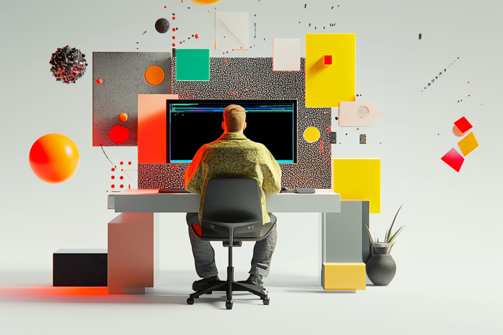 man sitting by computer 3d art